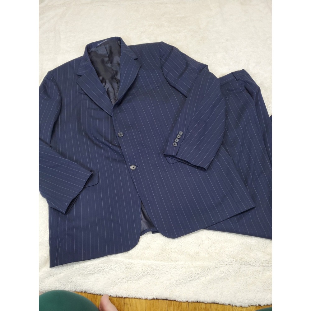 Lands End Navy Blue Pinstripe Office Wool Suit Jacket 46L Pant 37R Classic